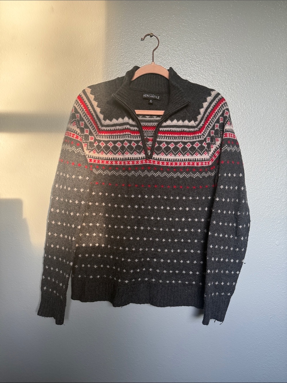 J CREW MERCANTILE medium Charcoal Fair Isle Half-Zip Sweater